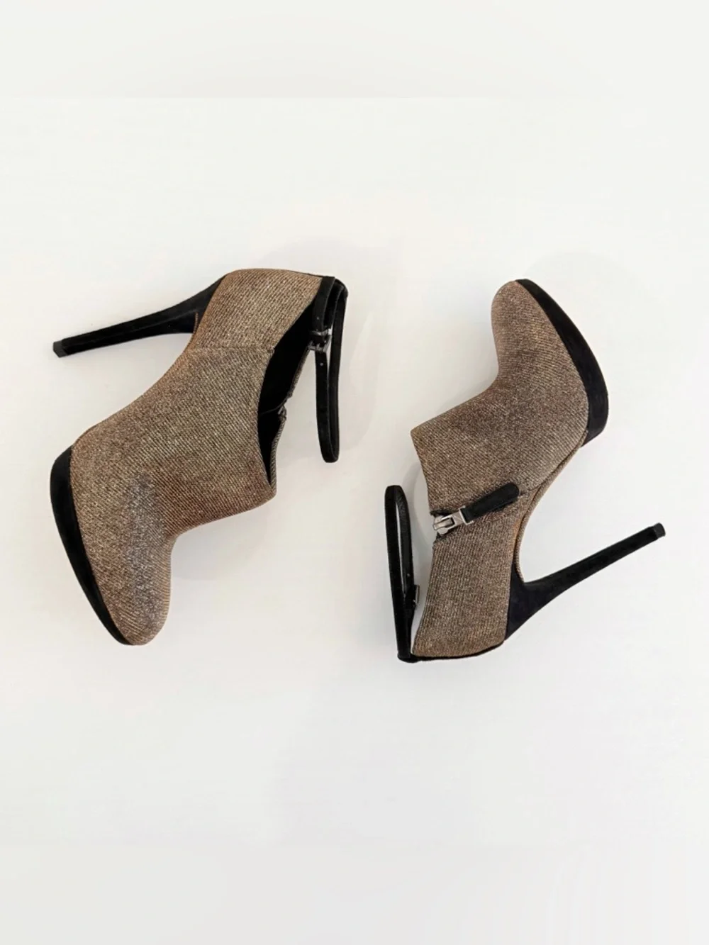 BRIAN ATWOOD FRUITERA BLACK SUEDE METALLIC GOLD SILVER HIGH HEEL BOOTIES - Picture 2 of 11